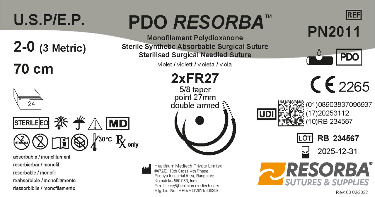 ПДО Ресорба USP4-0 фіолетовий, довжина 70см, колюча голка 22 мм, 1/2 кола